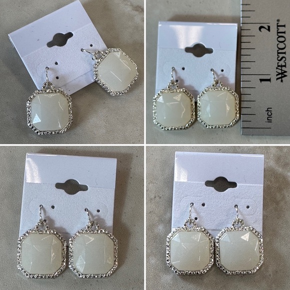 WHITE AGATE SILVER LEAF TRIM SQUARE DANGLE HOOK EARRINGS NATURAL NEUTRAL DAILY - Picture 3 of 3